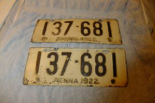 1922 Antique Vintage Pennsylvania Pa License Plate Set 137 - 681 Matching Pair (2)