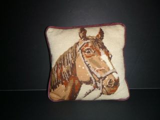 Vintage Hand Made Needlepoint Horse Equestrian Preppy Toss Pillow 11 " X 11 " Fine