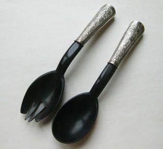 Vintage Southeast Asian Sterling Silver Carved Horn Salad Serving Fork & Spoon