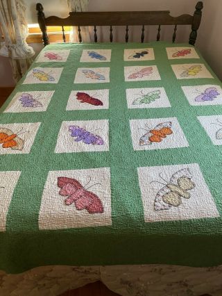 Vintage 30s Applique Butterfly Feedsack Quilt Top Unfinished 79 " X 92 "
