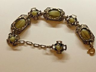 Vintage Signed Miracle Scottish Celtic Olivine Art Glass Cabochon Bracelet