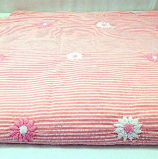 Vintage Pink White Candy Stripe Embroidered Daisy Pattern Twin Plisse Bedspread