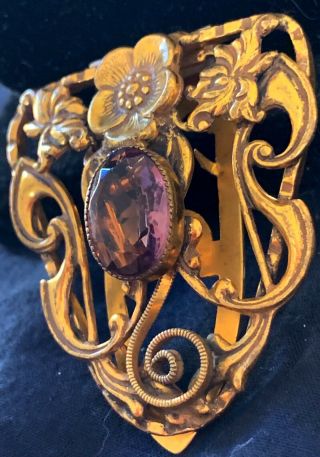 Vintage Antique Victorian Amethyst Glass Rhinestone Brooch Clip 2 In Gold
