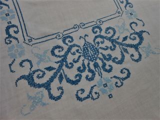 50x65 Vtg Antique Embroidered Blue Floral White Irish Linen Fabric Tablecloth