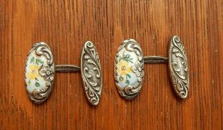 Antique Yellow Flower Sterling Silver Enamel Cufflinks Made In Usa