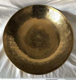 Chinese Solid Brass Bowl Hand Engraved Dragons & Symbols 15” D X 3.  25 " Height