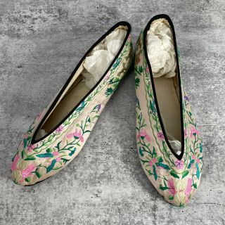 Vtg Chinese Silk Embroidered Floral Butterfly Rooster Leather Sole Slippers W 8