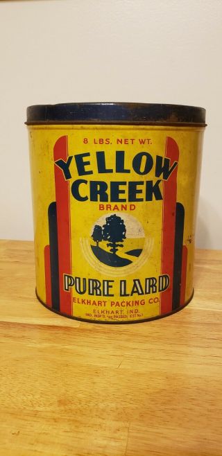 Vintage Yellow Creek Pure Lard Tin Elkhart,  Indiana 8 Pound Size
