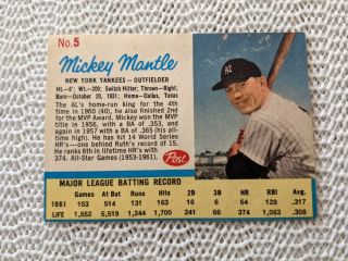 1962 Post Cereal Mickey Mantle 5 York Yankees Hof Baseball Card.