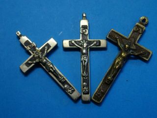 3 Antique French Monastery Crucifixes // Skull And Crossbones / Priest / Nun