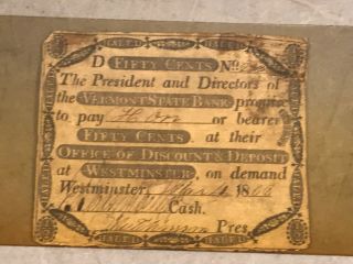 Antique 1808 Vermont State Bank 50 Cent Promissory Note Westminister