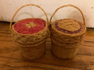 Antique Vintage Set Of 2 Indian Sweetgrass Woven Miniature Baskets With Lids