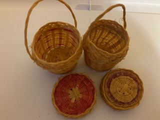 ANTIQUE Vintage SET OF 2 Indian Sweetgrass Woven Miniature Baskets with Lids 3