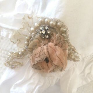 Dreamy Handmade Victorian French Silk Chiffon Rose With Lace & Pearls