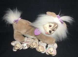 Vintage Hasbro Puppy Surprise Brown White Dog Plush,  5 Puppies Babies