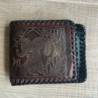 Vintage Hand Tooled Leather Bi - Fold Wallet Horn Sheep Theme Brown Teal