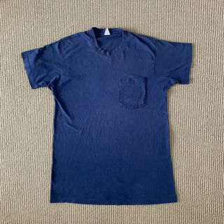 Vintage 80s Faded Blank Distressed Blue Pocket Tshirt Single Stitch Size L Large