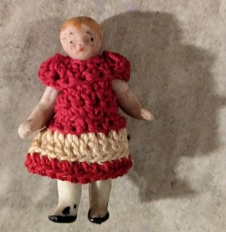 4 Antique Bisque Hertwig Carl Horn 1 1/4 In Doll Crochet Red/cream Dress