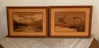 Vintage Hudson River Wood Inlay Marquetry 16 " By 13 " Geese In Flight
