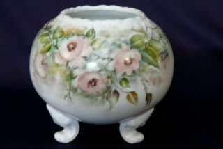 Antique Hand Painted Signed Petite Jardinière Bulbous Footed Rose Bowl