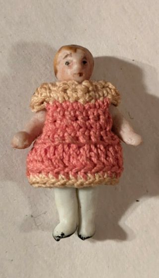 5 Antique Bisque Hertwig Carl Horn 1 1/4 In Doll Crochet Pink/cream Dress