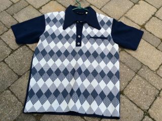 Mens Argyle Polyester Knit Polo Bowling League Shirt - Unworn Large Vintage