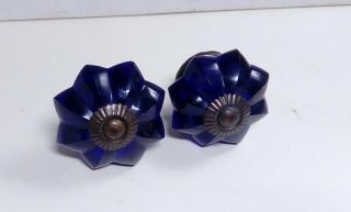 2 Vintage Dark Cobalt Blue Glass Door Drawer Pull Knobs 1 - 3/4 "