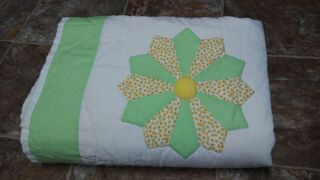 Vintage Handmade Quilt Twin Size Hand Sewn Green Yellow White 65 " X 52.  5 " (hwy1)