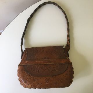 70’s Hand Tooled Leather Boho Hippie Handbag Leather Satchel With Braided Handle