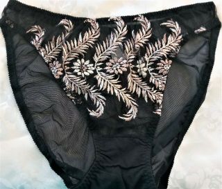 Olga Sheer Black Mesh & Pink Feather Embroidered Hi Cut,  Back Seamed Panty L