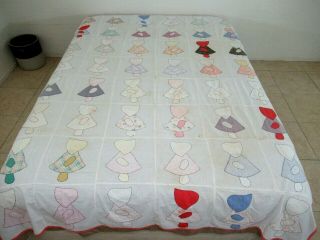 As Material Washed Many Times Vintage Feed Sack Applique Sunbonnet Sue Quilt Top