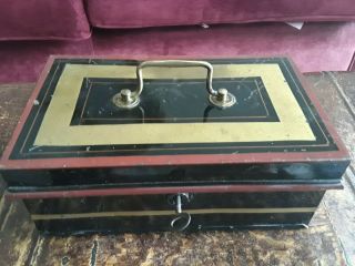 Antique Vintage Metal Tin Cash Money Box With Coin Tray And Key