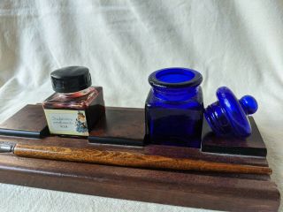 Vintage Antique Wood Glass Double Inkwell And Pen Tray Desktop Storage 8.  25 "