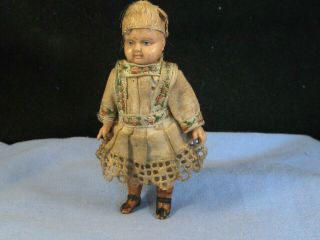 Antique Vintage Miniature Baby Girl Doll In Traditional Costume Dress