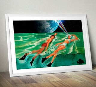 Swimming Trip,  Sci - Fi Digital Collage Art Print.  Sci Fi Poster