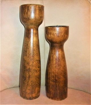 Sleek Pair 15 " & 12 " Mid Century Modern Wood Pillar Candle Holders