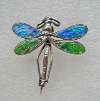 Very Pretty Antique Edwardian Sterling Silver Enamel Dragonfly Brooch