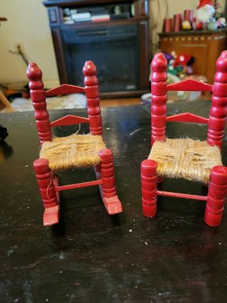 2 Antique Wood Doll Rocking Chair And A Straight Back With Woven Seat Red Paint