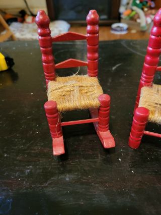 2 Antique Wood Doll Rocking Chair and A Straight Back With Woven Seat Red Paint 2