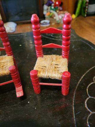 2 Antique Wood Doll Rocking Chair and A Straight Back With Woven Seat Red Paint 3