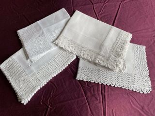 4 Edwardian Vintage White Irish Linen Oblong Butlers Tray Cloths Crochet Edgings
