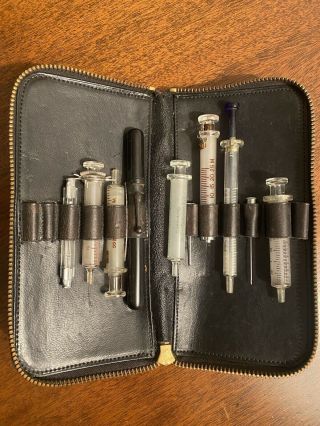Vintage/antique Becton Dickinson Glass Syringes In Leather Zippered Case