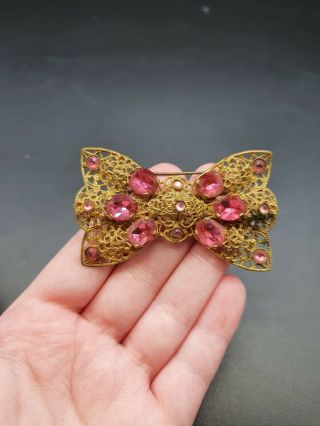 Vintage Antique 1930s Czech Filigree And Pink Glass Bow Brooch