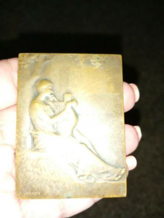 Antique F.  Vernon Lady Sheep Herder Art Bronze Sculpture Plaque Medal