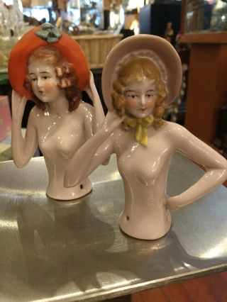 Pair Antique German Porcelain Half/pin Cushion Dolls