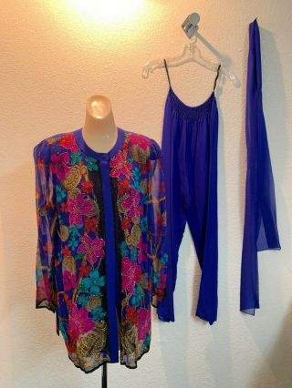 Diane Freis Vintage Beaded Silk Tunic And Pants Set With Long Sash One Size Blue