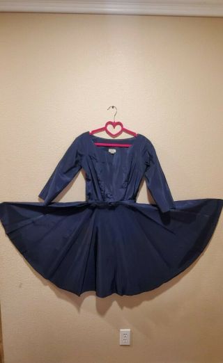 Vintage 40s 50s Navy Blue Vogue Fit And Flare Coctail Swing Dress Rockabilly Pin
