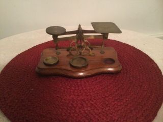 Antique English Postal Scale,  Wood And Brass Scale,  With Engraved Rates