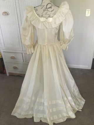 Vintage Prairie Long Dress,  A Line,  Satin Bows,  Ruffled Scoop Neck,  Sz 12?