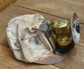 L559 - Antique S Miners Soft Cloth Hat W/ Brass Cap Lamp Helmet
